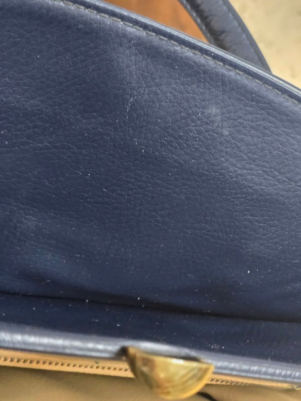 Vintage Navy Blue Leather Handbag Gold Hardware Top Handles & Beige Interior - Picture 13 of 16